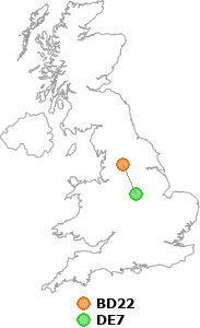 map showing distance between BD22 and DE7