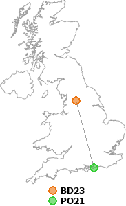 map showing distance between BD23 and PO21