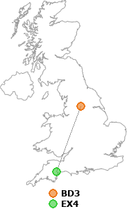 map showing distance between BD3 and EX4