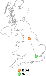 map showing distance between BD4 and W5