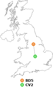 map showing distance between BD5 and CV2