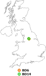 map showing distance between BD6 and BD14