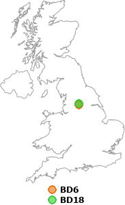 map showing distance between BD6 and BD18