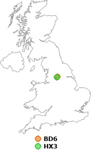 map showing distance between BD6 and HX3