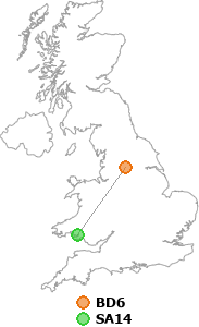 map showing distance between BD6 and SA14