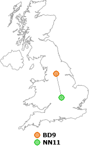 map showing distance between BD9 and NN11