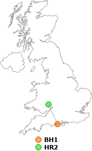 map showing distance between BH1 and HR2