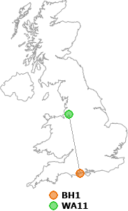 map showing distance between BH1 and WA11