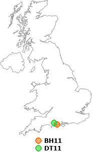 map showing distance between BH11 and DT11
