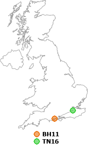 map showing distance between BH11 and TN16