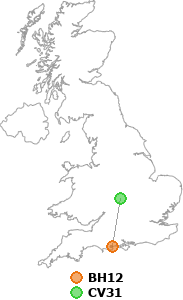 map showing distance between BH12 and CV31
