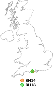 map showing distance between BH14 and BH18