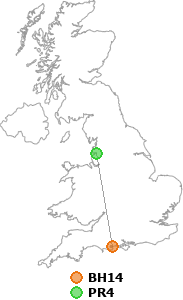 map showing distance between BH14 and PR4