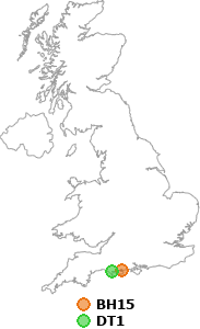 map showing distance between BH15 and DT1