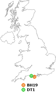 map showing distance between BH19 and DT1