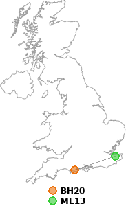 map showing distance between BH20 and ME13
