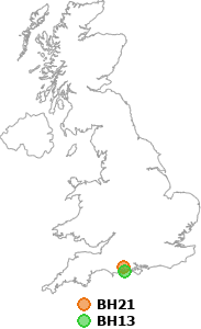map showing distance between BH21 and BH13