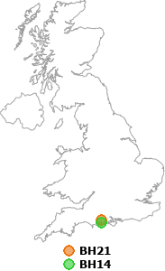 map showing distance between BH21 and BH14