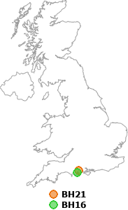 map showing distance between BH21 and BH16
