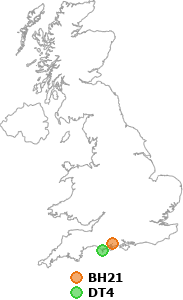 map showing distance between BH21 and DT4