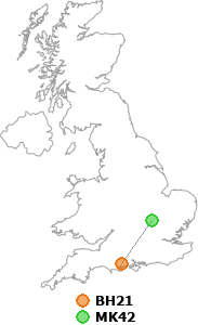 map showing distance between BH21 and MK42