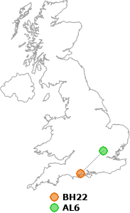 map showing distance between BH22 and AL6