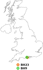 map showing distance between BH23 and BH9