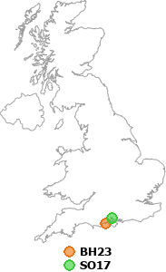 map showing distance between BH23 and SO17