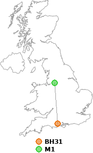 map showing distance between BH31 and M1