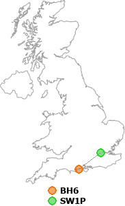 map showing distance between BH6 and SW1P
