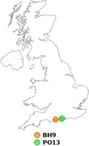 map showing distance between BH9 and PO13
