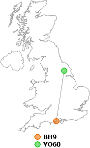 map showing distance between BH9 and YO60