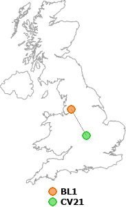 map showing distance between BL1 and CV21