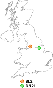 map showing distance between BL2 and DN21