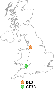 map showing distance between BL3 and CF23