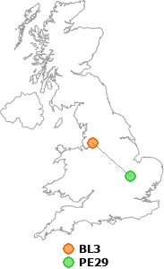 map showing distance between BL3 and PE29