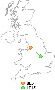 map showing distance between BL5 and LE15