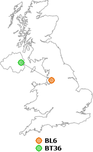 map showing distance between BL6 and BT36