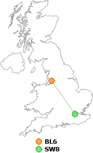 map showing distance between BL6 and SW8