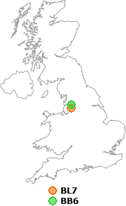map showing distance between BL7 and BB6