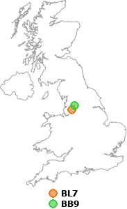 map showing distance between BL7 and BB9