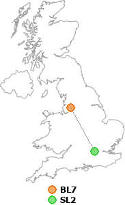 map showing distance between BL7 and SL2
