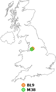 map showing distance between BL9 and M38