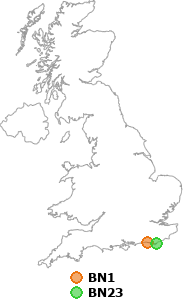 map showing distance between BN1 and BN23