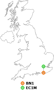 map showing distance between BN1 and EC1M