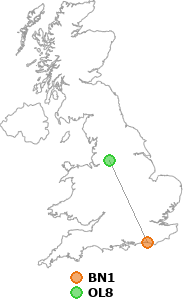 map showing distance between BN1 and OL8