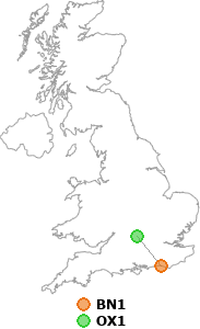 map showing distance between BN1 and OX1