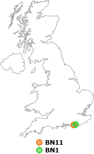 map showing distance between BN11 and BN1