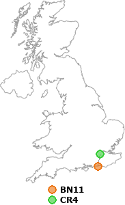 map showing distance between BN11 and CR4