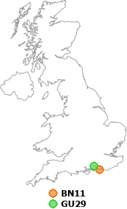 map showing distance between BN11 and GU29